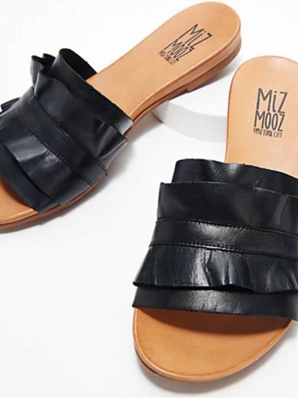 Miz Mooz Black Leather Layered-Ruffle Slide Mules EUC